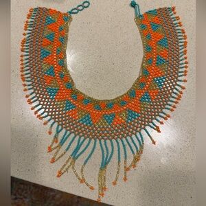 Handcrafted Beaded Necklace - Orange, Blue, and Gold